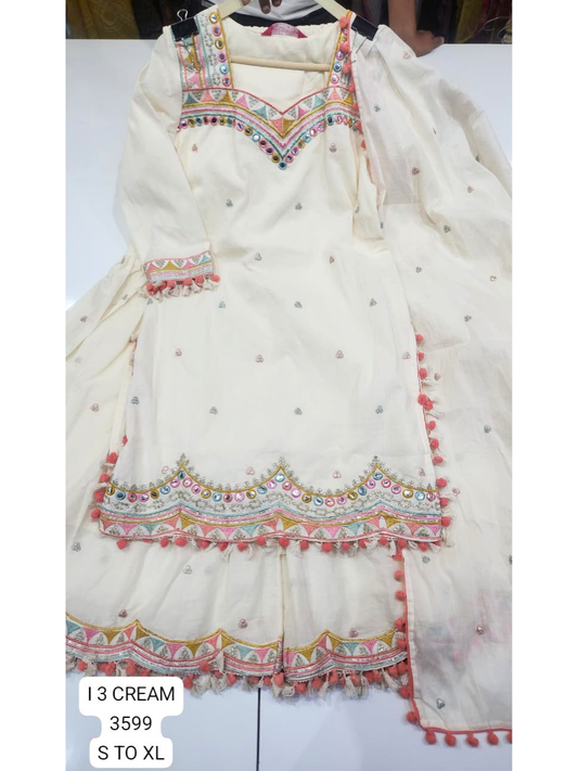 Cream Heavy Mirror Work Embroidered Kurti with Dupatta for Women