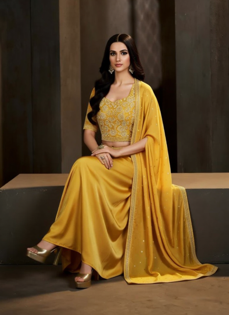 Sunshine Yellow Embroidered Indo Western 3 Piece Set for Women
