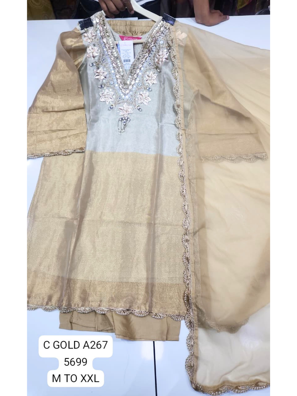 Golden Heavy Sequins Embroidered V-Neck Kurti with Dupatta for Women