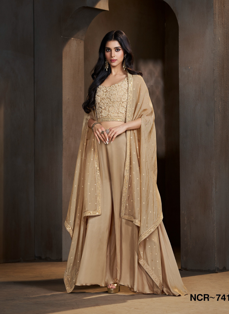 Elegant Beige Gold Embroidered Indo Western 3 Piece Set for Women