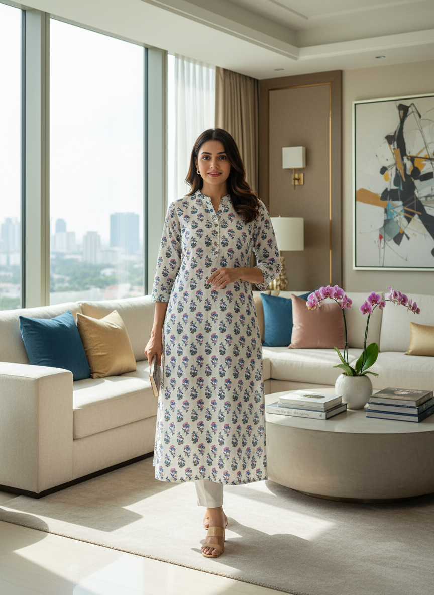 White Cotton Floral Printed Long Kurti Blue & Pink Design