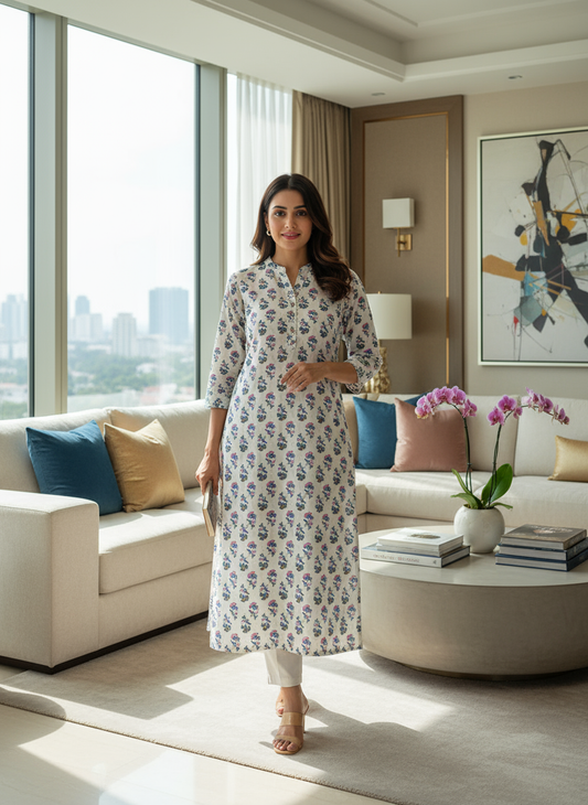 White Cotton Floral Printed Long Kurti Blue & Pink Design