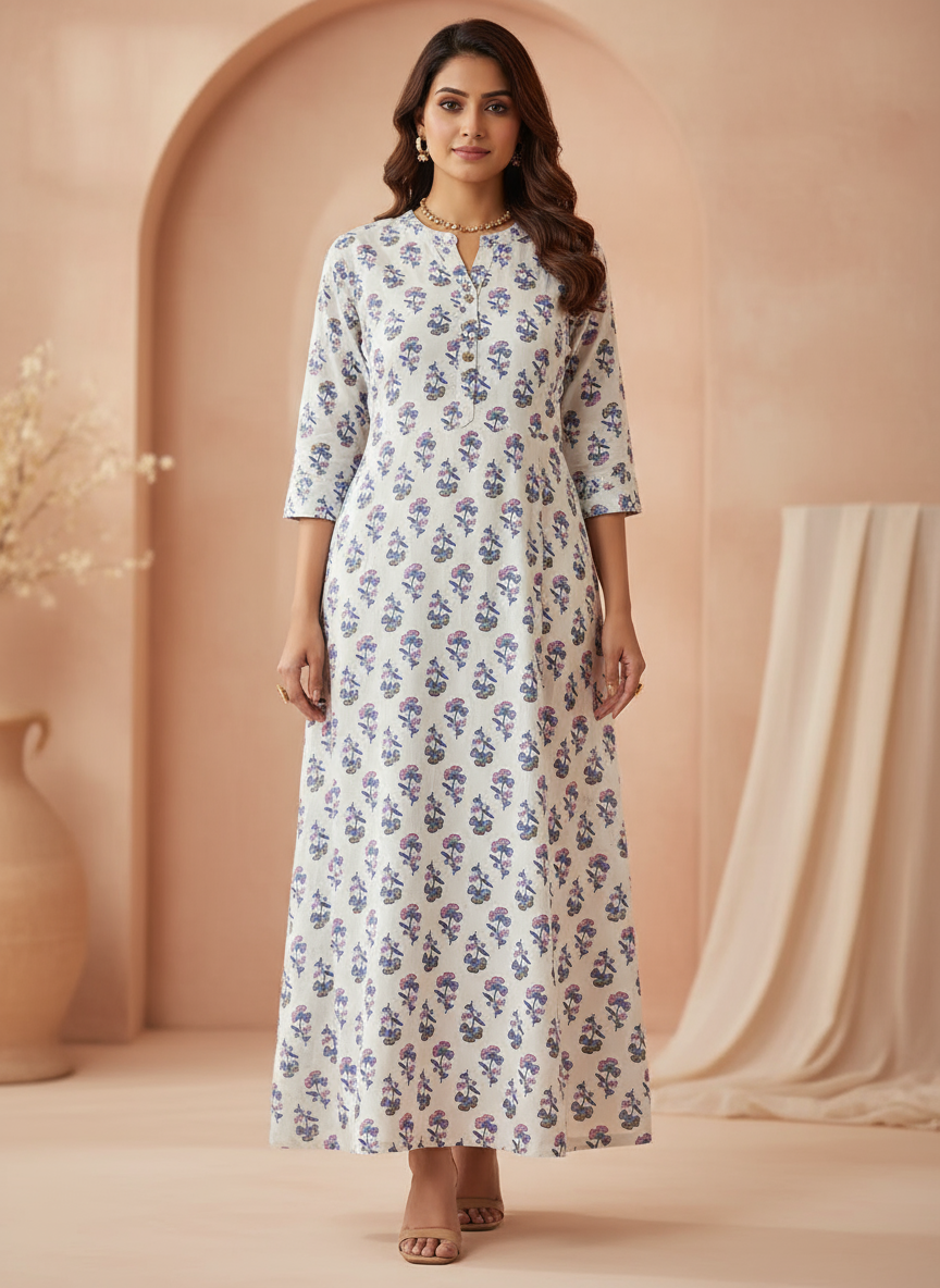 White Cotton Floral Printed Long Kurti Blue & Pink Design