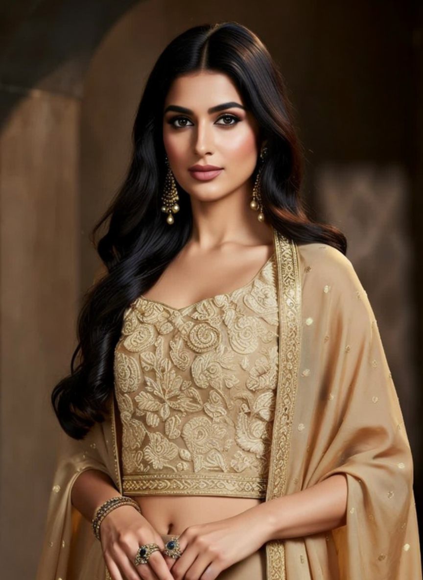 Elegant Beige Gold Embroidered Indo Western 3 Piece Set for Women