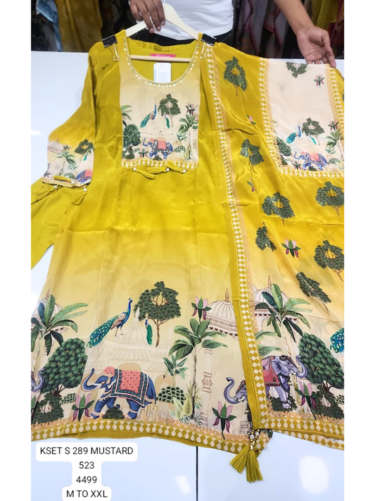Mustard Yellow Scenic Print Kurta Set with Dupatta for Women