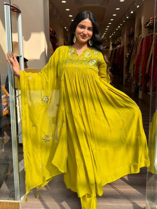 Mustard Yellow Anarkali Kurta Set with Dupatta – Elegant Flared Ethnic Wear for Women