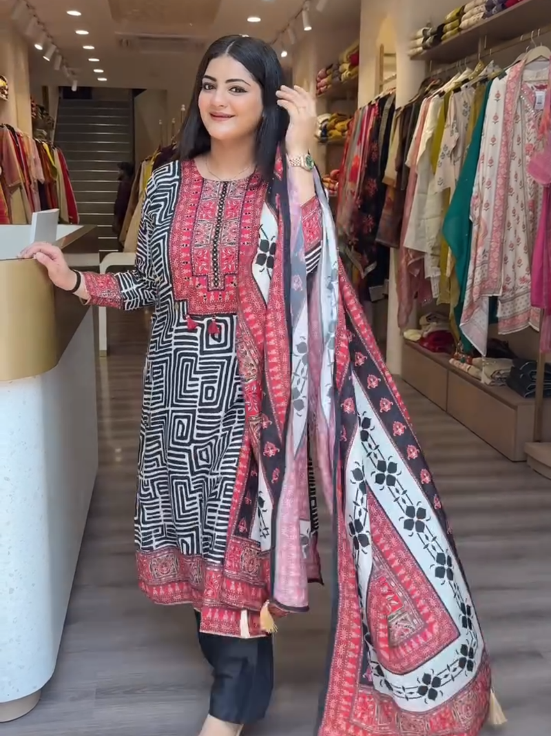 Trendy Black & Red Geometric Printed Salwar Kameez with Matching Dupatta