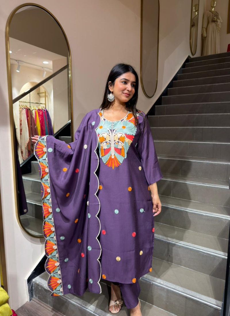 Women Purple Embroidered Kurta Pant Set with Designer Dupatta