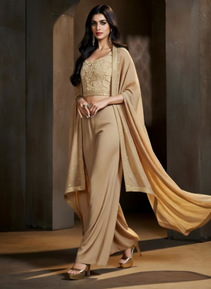 Elegant Beige Gold Embroidered Indo Western 3 Piece Set for Women