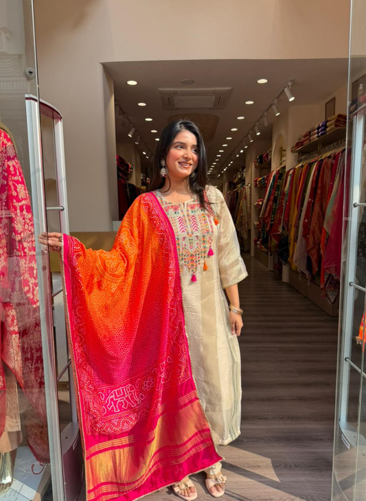 Women Off White Embroidered Kurta Set with Bandhani Dupatta | Festive Ethnic Wear