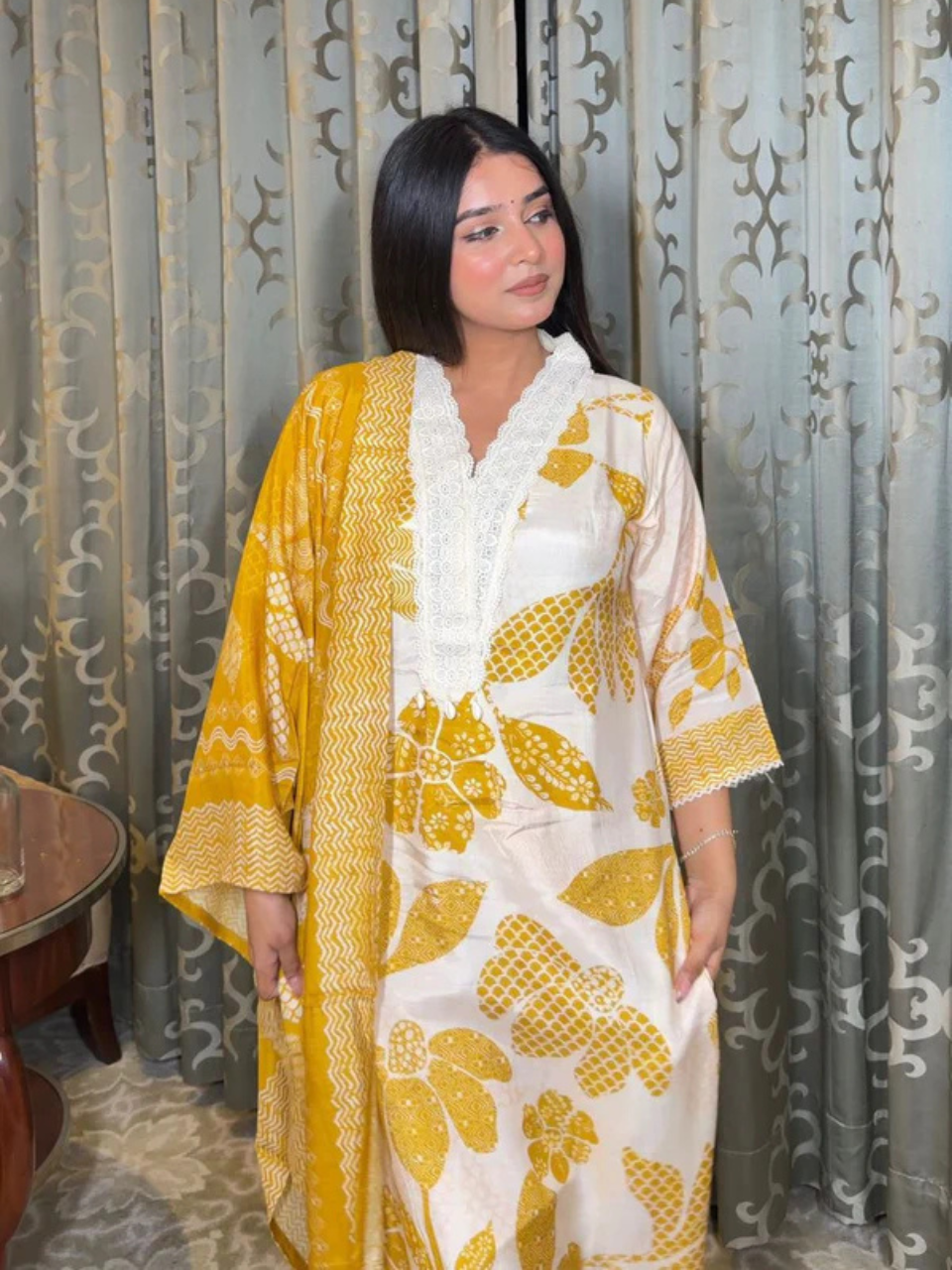 Women White & Mustard Yellow Printed Cotton Kurta Set with Dupatta | Summer Casual Wear
