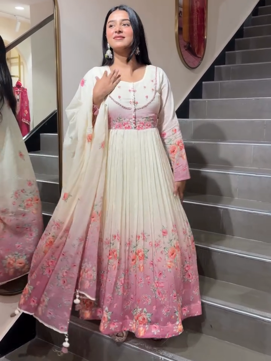 Ivory Pink Floral Anarkali Suit Set with Dupatta for Women