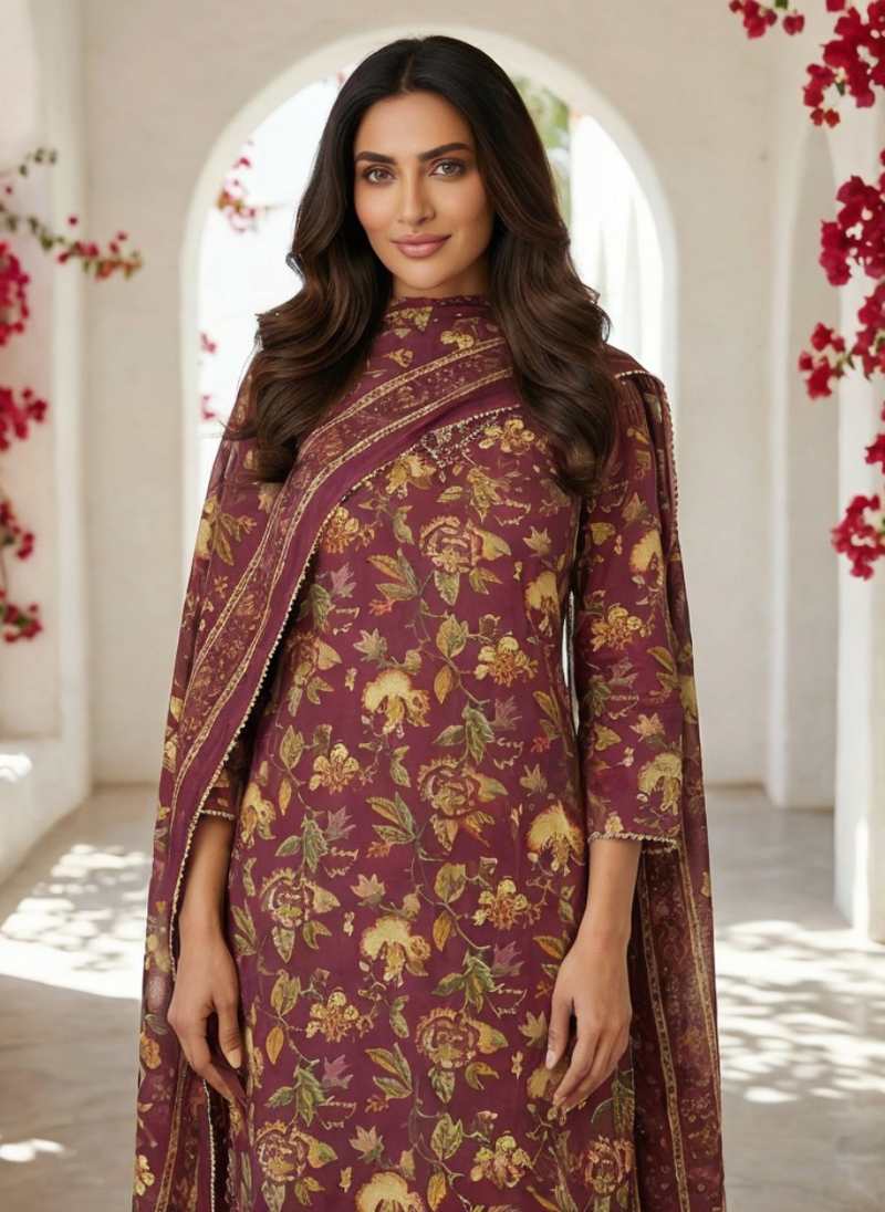 Purple Floral Printed Straight Kurta Pant Set with Dupatta for Women