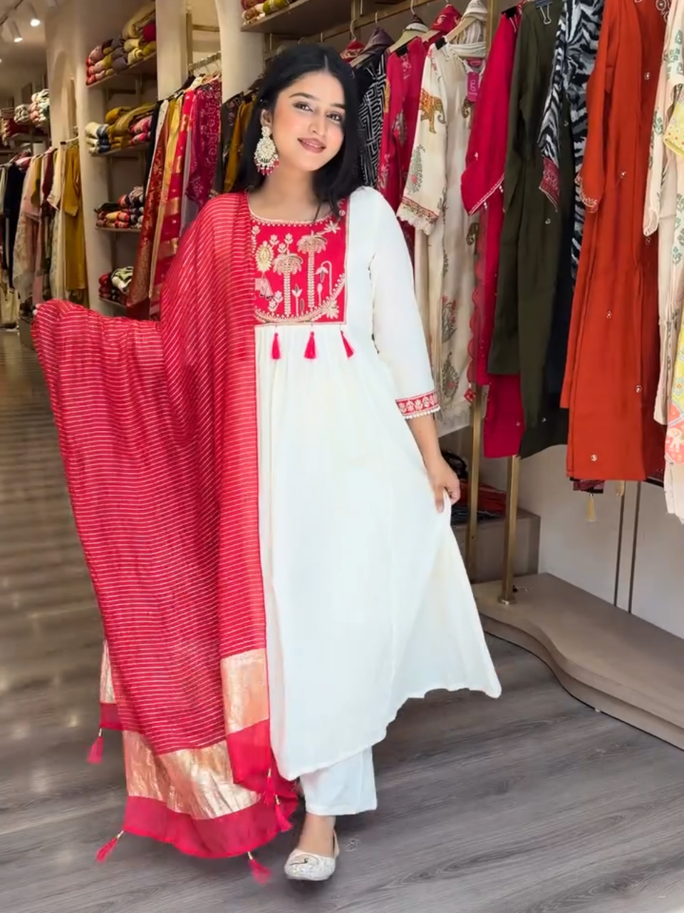 Elegant White & Red Embroidered Anarkali Kurta Set with Dupatta for Women