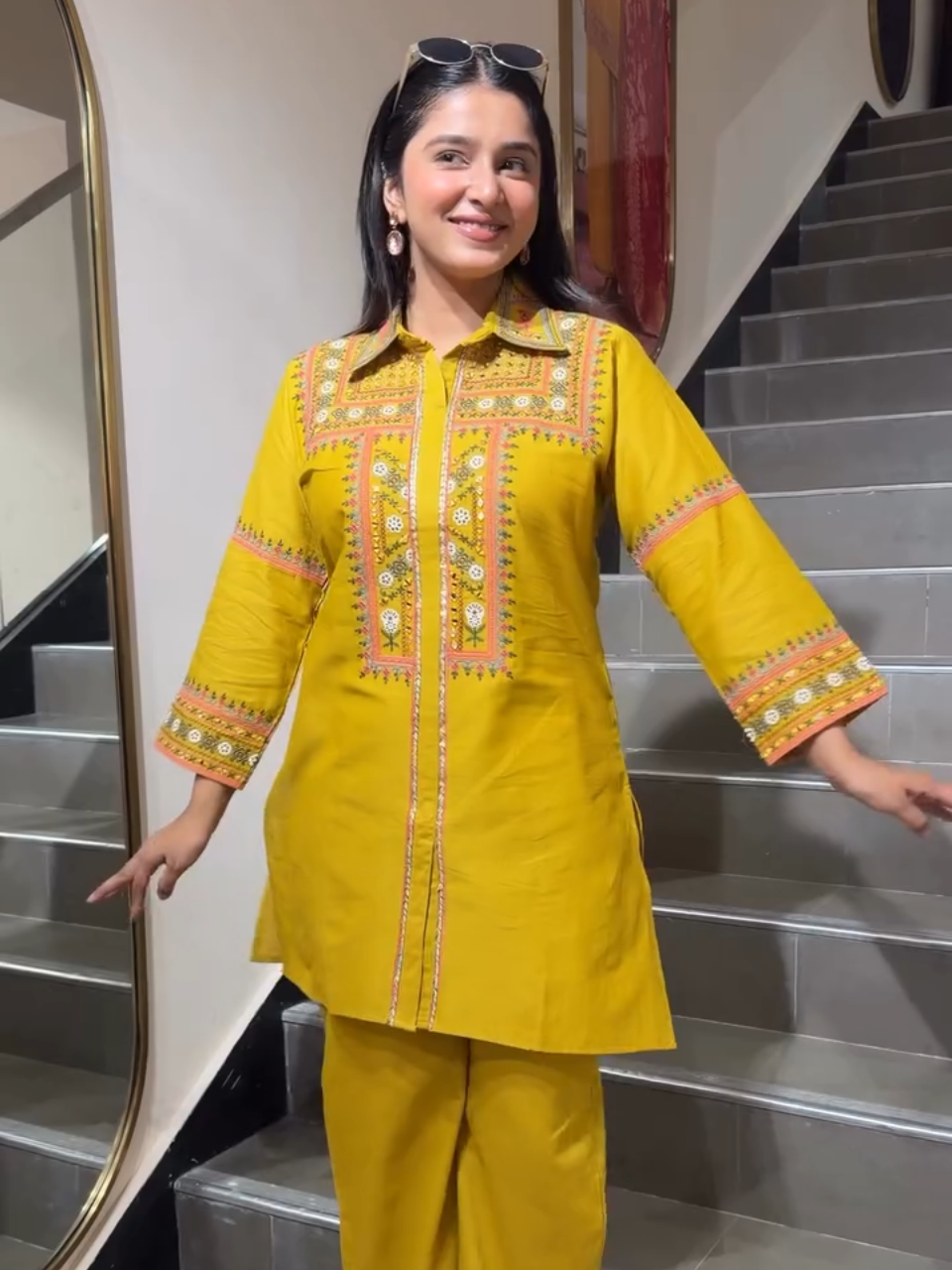 Mustard Yellow Embroidered Co-Ord Kurta Pant Set for Women