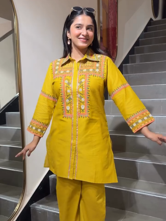 Mustard Yellow Embroidered Co-Ord Kurta Pant Set for Women