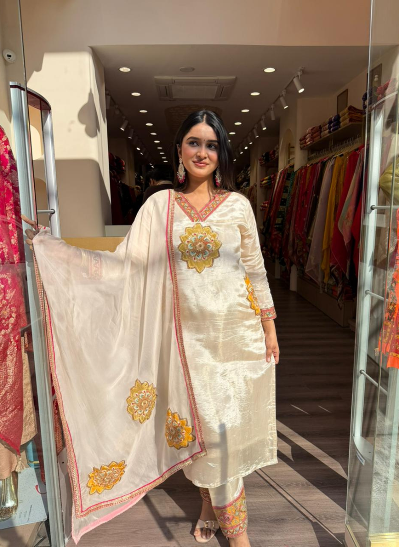 Women Ivory Silk Kurta Set with Embroidered Dupatta | Festive Ethnic Wear