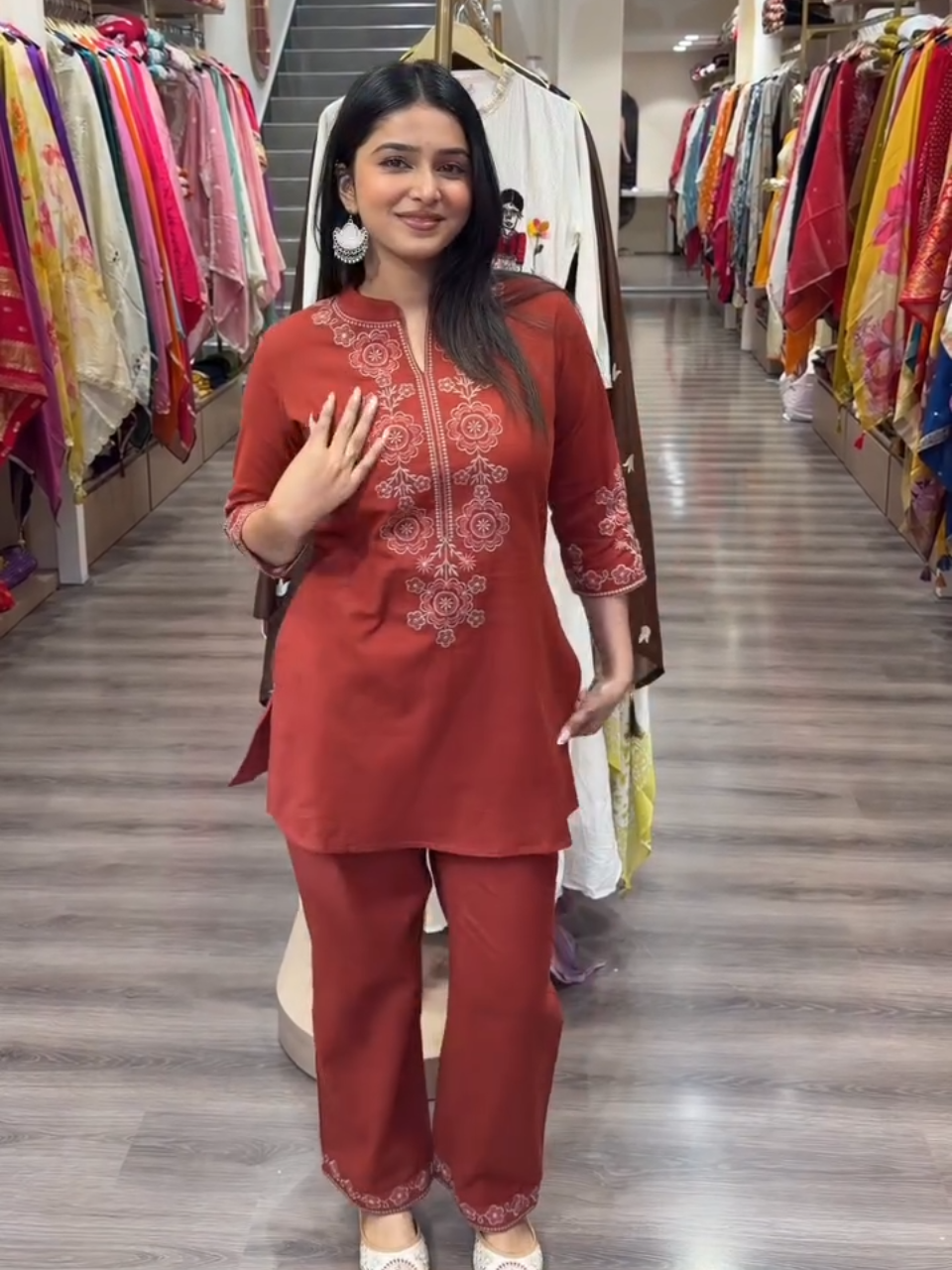 Rust Red Embroidered Kurta Pant Set for Women | Elegant Festive Ethnic Wear