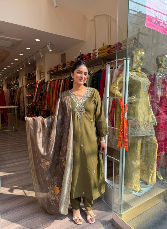 Women Olive Green Embroidered Kurta Set with Printed Dupatta | Festive Ethnic Wear