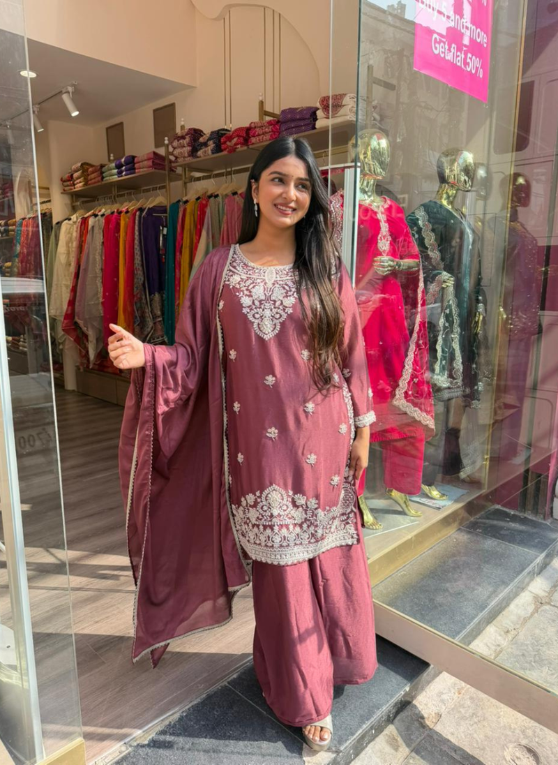Women Mauve Embroidered Kurta Sharara Set with Dupatta | Festive & Party Wear Ethnic Suit