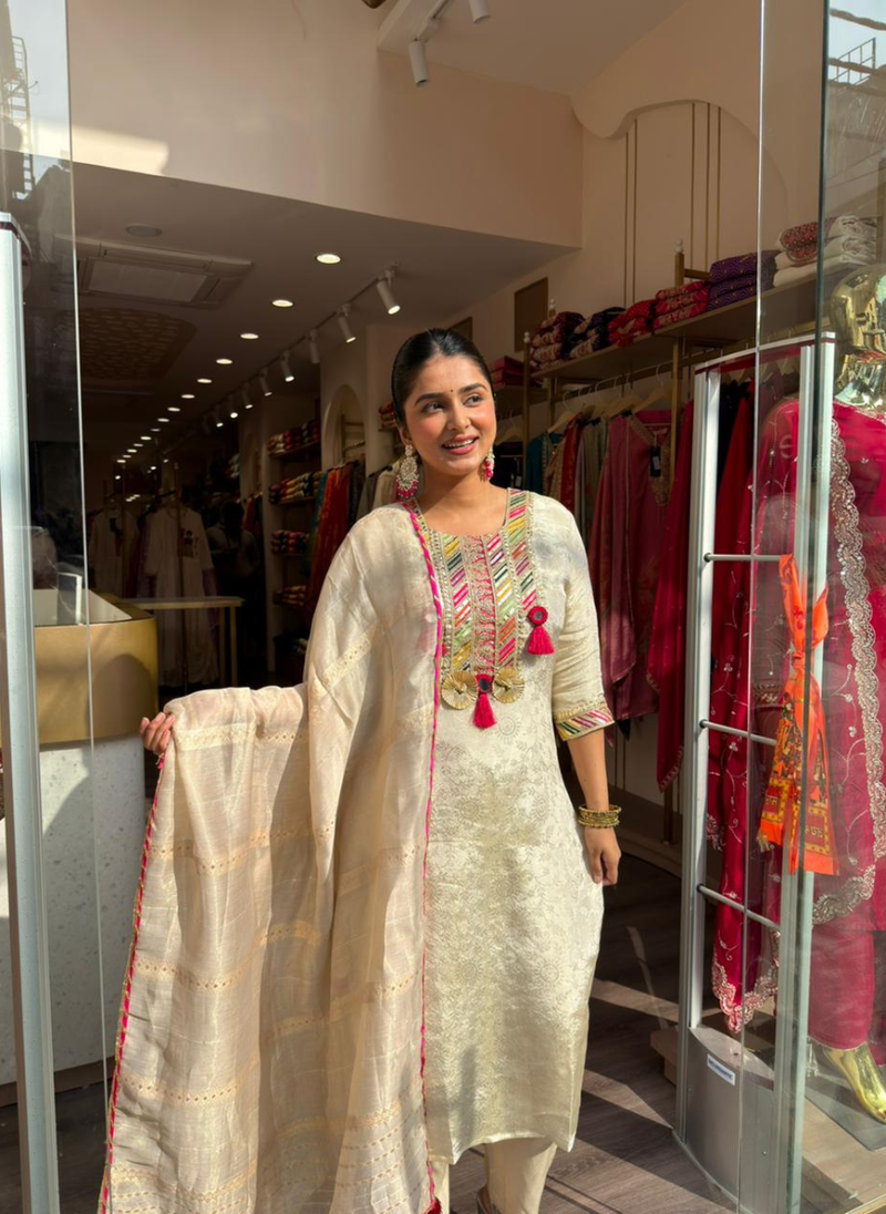 Ivory Chanderi Silk Kurta Set with Multicolor Embroidery & Tassel Dupatta
