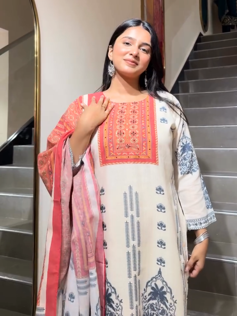 Beige Printed Ethnic Suit with Contrast Dupatta for Women