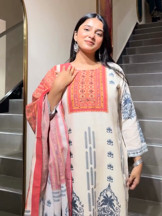 Beige Printed Ethnic Suit with Contrast Dupatta for Women