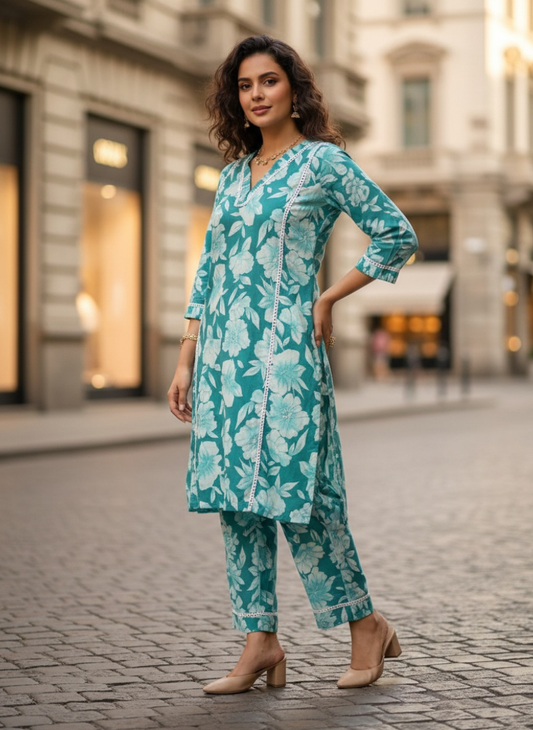 Women’s Aqua Green Floral Cotton Co-ord Set – Kurti & Pant
