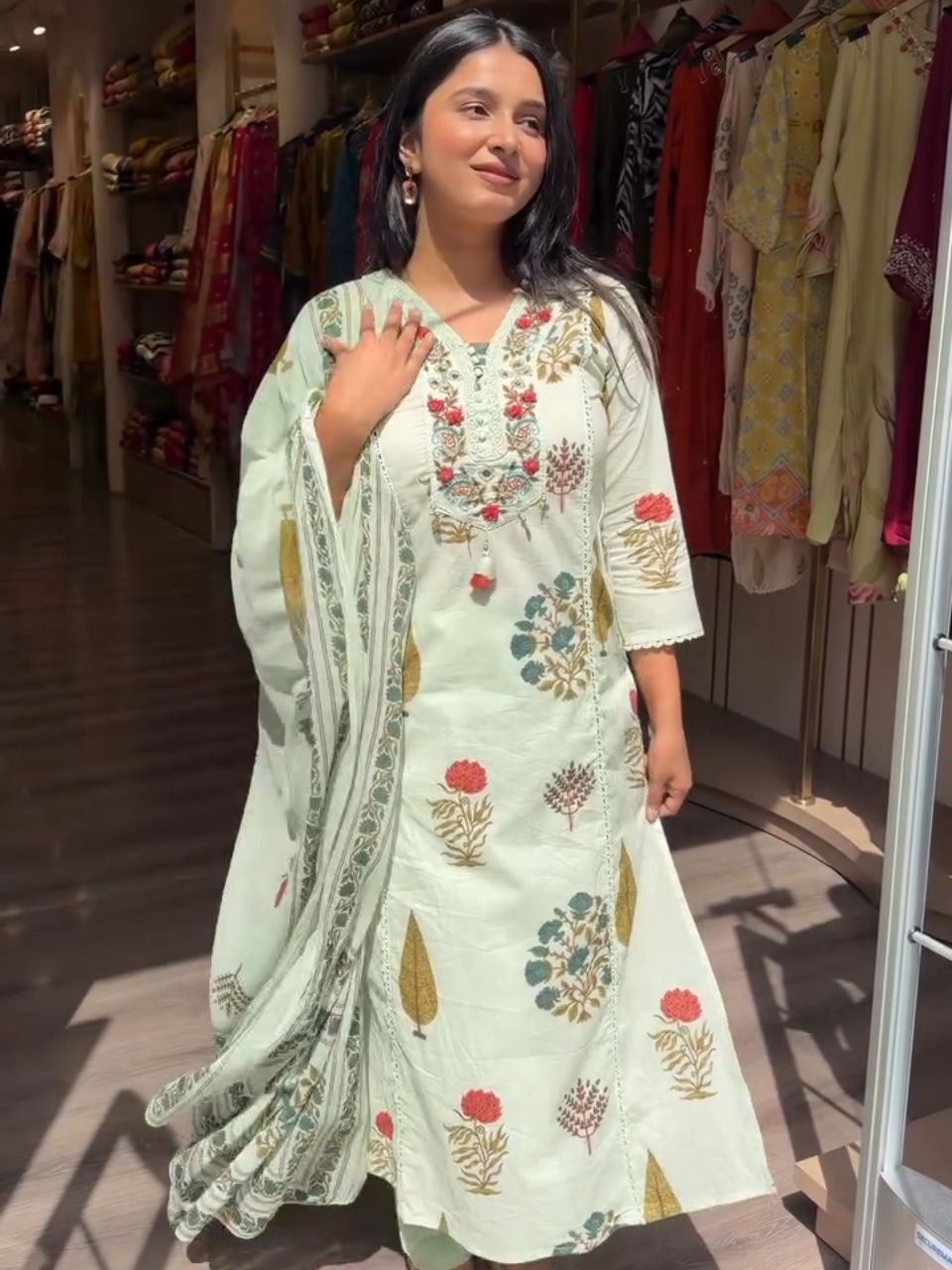 Elegant Sage Green Floral Printed Kurta Pant Set with Dupatta for Women
