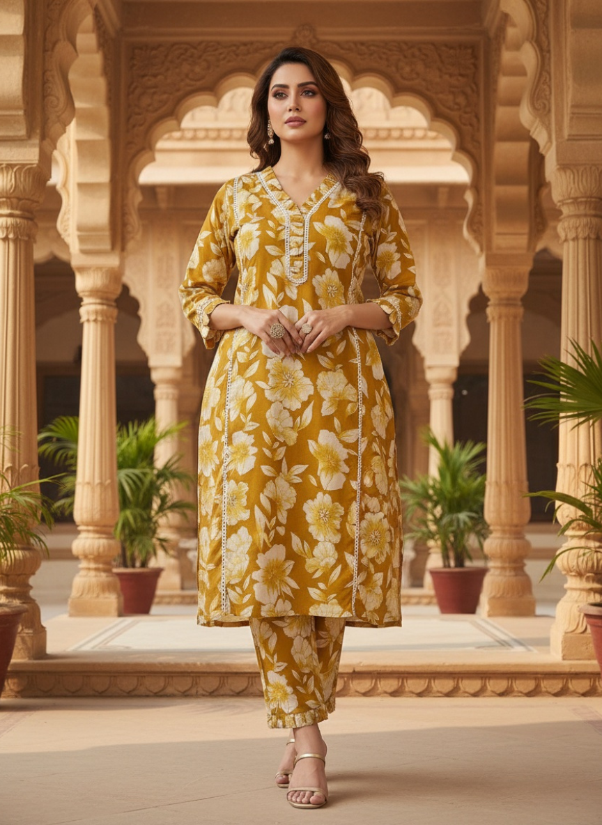 Women’s Mustard Yellow Floral Cotton Co-ord Set – Kurti & Pant
