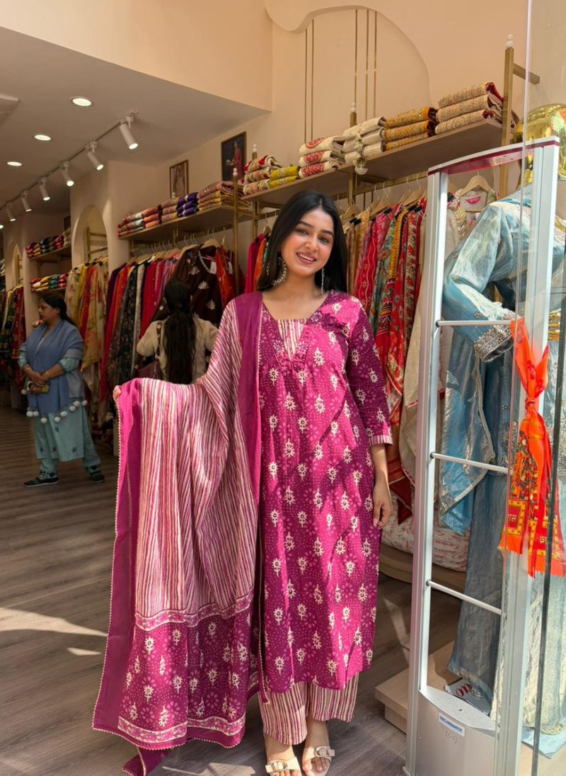 Women Magenta Printed Kurta Set with Striped Pants & Matching Dupatta