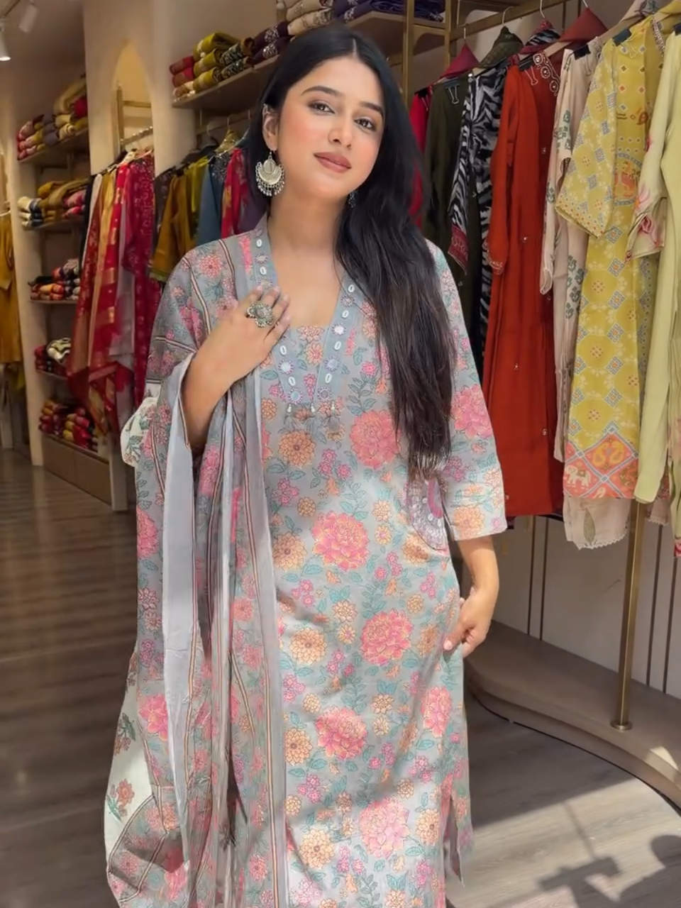 Pastel Grey Floral Printed Cotton Kurta Set with Dupatta for Women