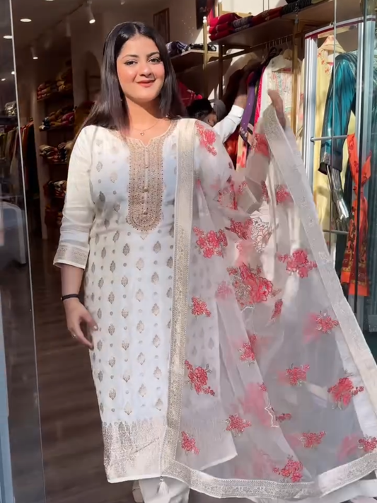 Elegant White Embroidered Kurta Set with Floral Organza Dupatta for Women