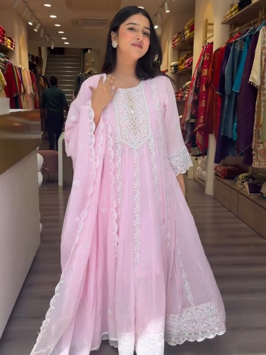 Baby Pink Embroidered Anarkali Suit with Dupatta for Women