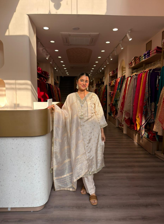 Ivory Chanderi Silk Kurta Set with Gold Zari Work & Dupatta – Elegant Festive Wear for Women