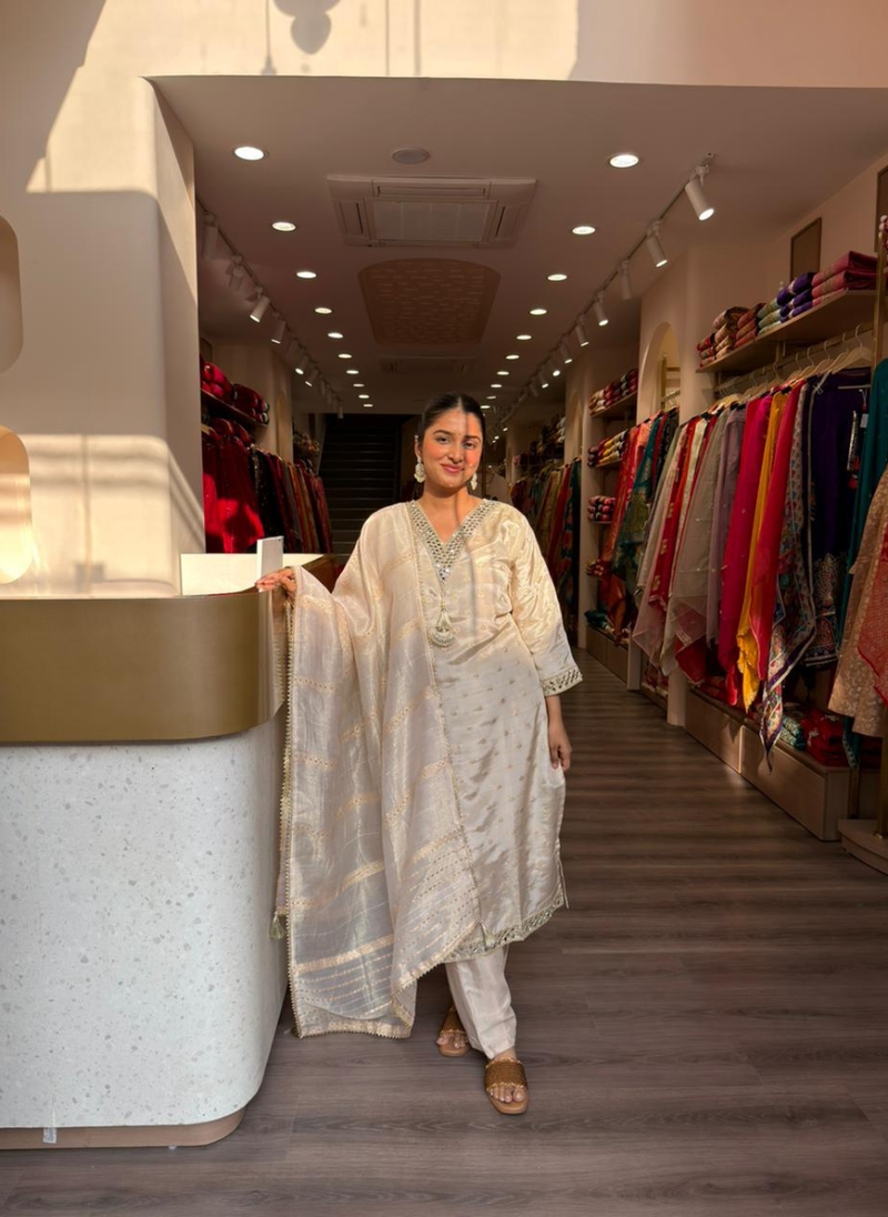 Ivory Chanderi Silk Kurta Set with Gold Zari Work & Dupatta – Elegant Festive Wear for Women