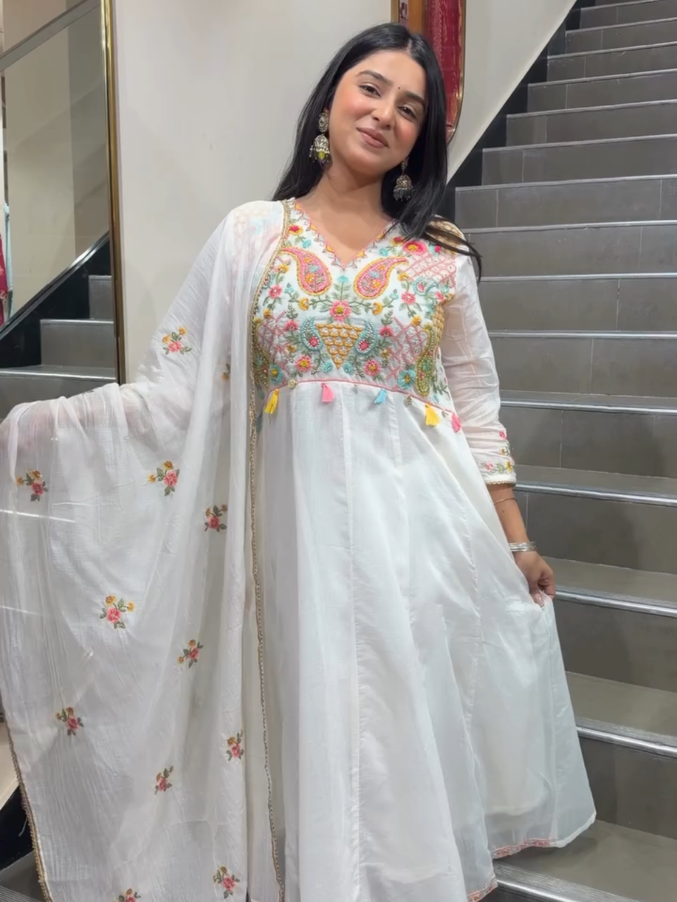 Women's White Embroidered Anarkali Suit Set with Dupatta | Floral Ethnic Party Wear