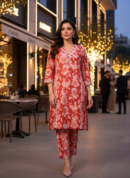Women’s Red Floral Cotton Co-ord Set – Kurti & Pant