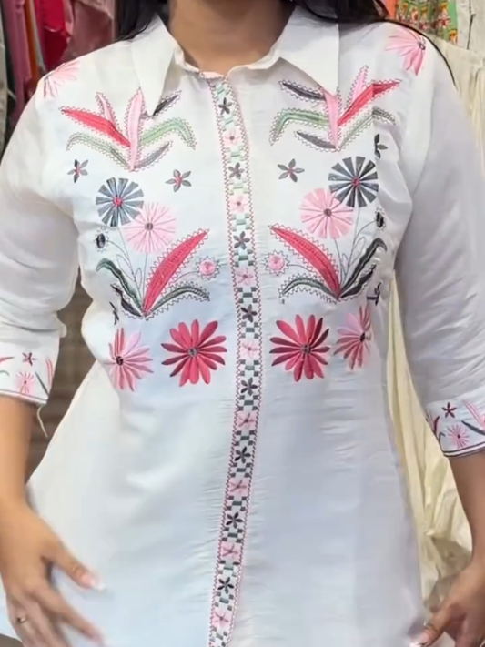 White Pink Floral Embroidered Kurta Pant Set for Women | Elegant Daily Ethnic Wear