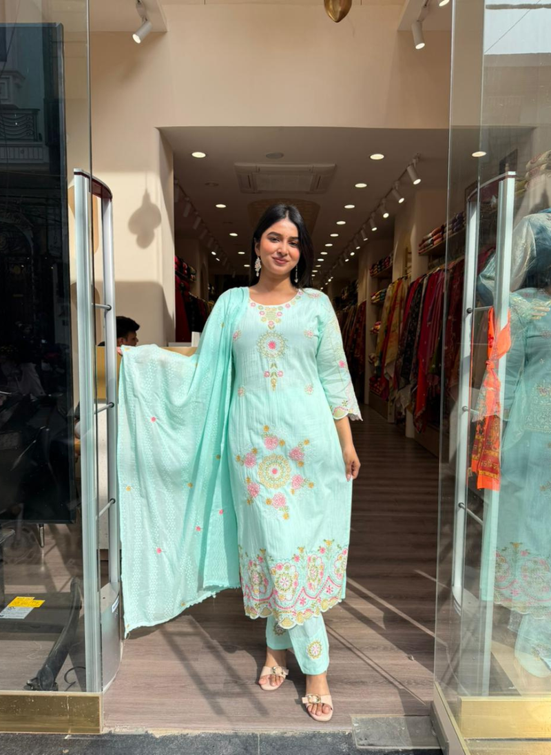 Women Mint Green Embroidered Kurta Set with Matching Dupatta
