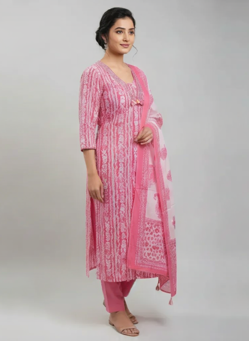 Pink Printed Kurta Set with Dupatta for Women | Ethnic Straight Kurti Pant Set | Festive & Office Wear Suit
