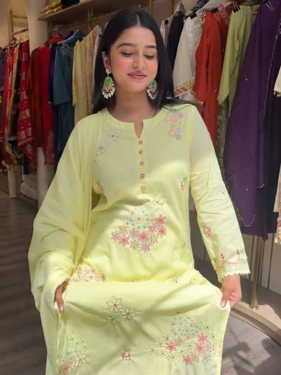 Pastel Yellow Floral Embroidered Kurta Pant Set with Dupatta for Women
