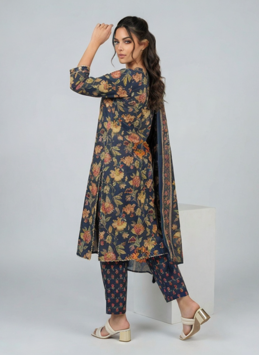 Navy Blue Floral Printed Kurta Set with Dupatta for Women | Ethnic Wear
