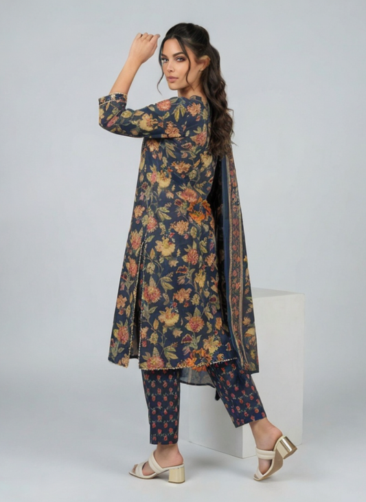 Navy Blue Floral Printed Kurta Set with Dupatta for Women | Ethnic Wear