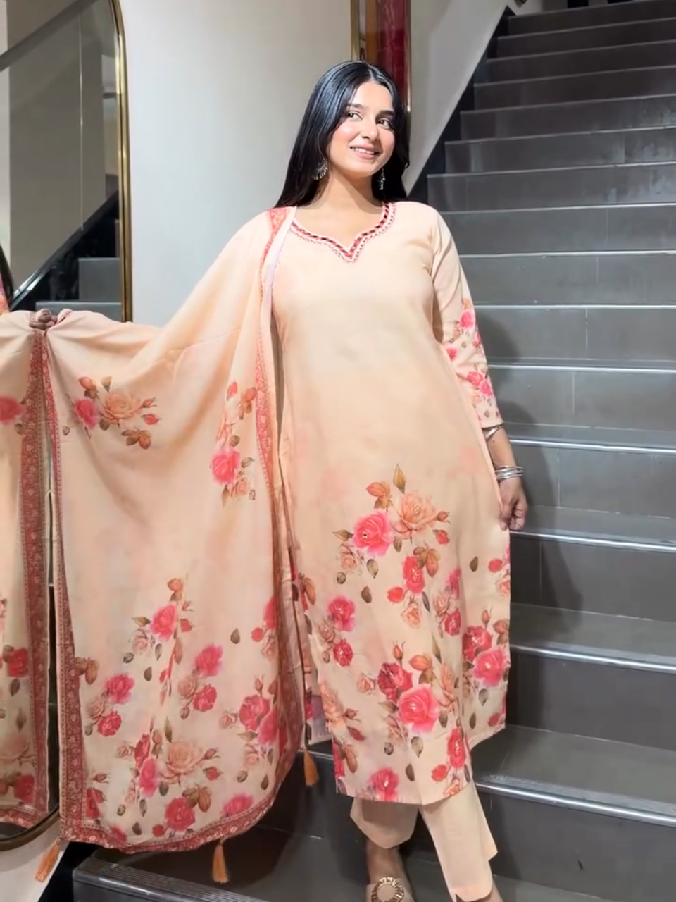 Peach Floral Printed Suit with Dupatta for Women