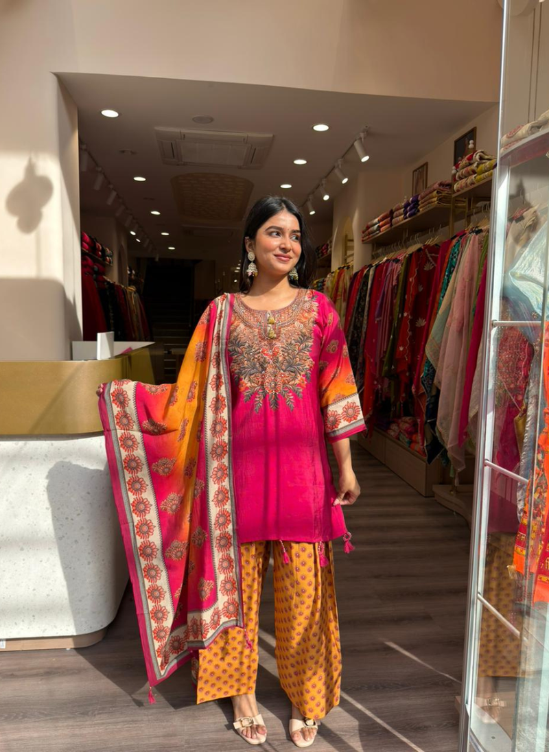 Women Pink Embroidered Kurta Pant Set with Printed Dupatta