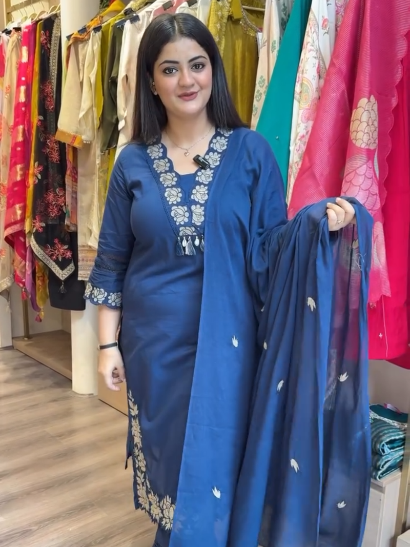 Classic Navy Blue Embroidered Salwar Kameez with Matching Dupatta