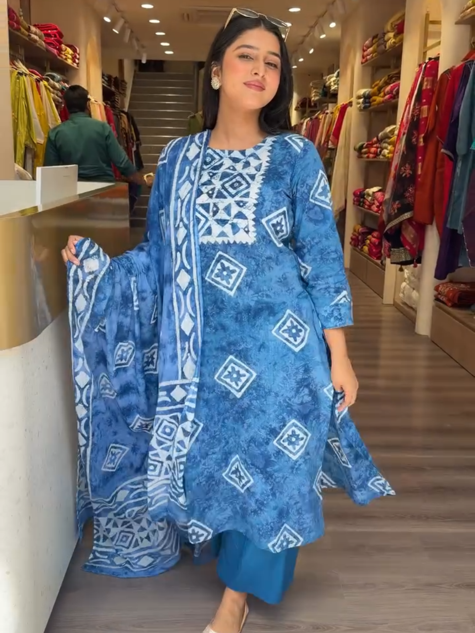 Blue Abstract Printed Lawn Suit with Dupatta for Women