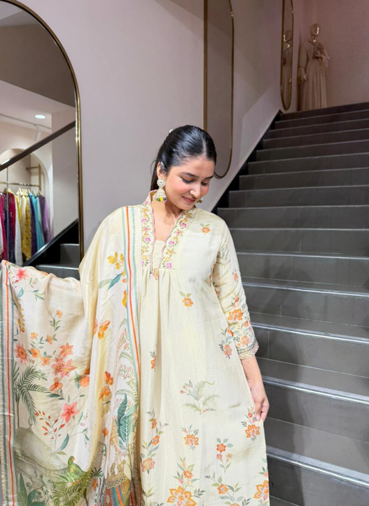Ivory Floral Printed Kurta Set with Dupatta – Elegant Festive & Summer Wear