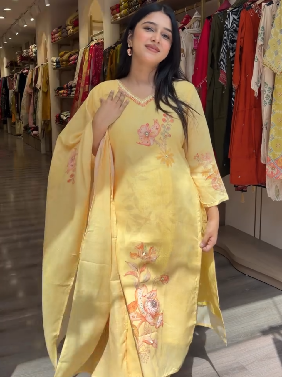 Sunshine Yellow Floral Printed Cotton Kurta Set with Dupatta for Women
